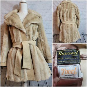 Vintage Tocci Faux Fur 1950's Style Jacket Coat Made in England Lined Beige Tan